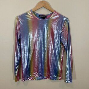 No Boundaries Rainbow Satin Long Sleeve Top Crew Neck Size 16 Girls Y2K
